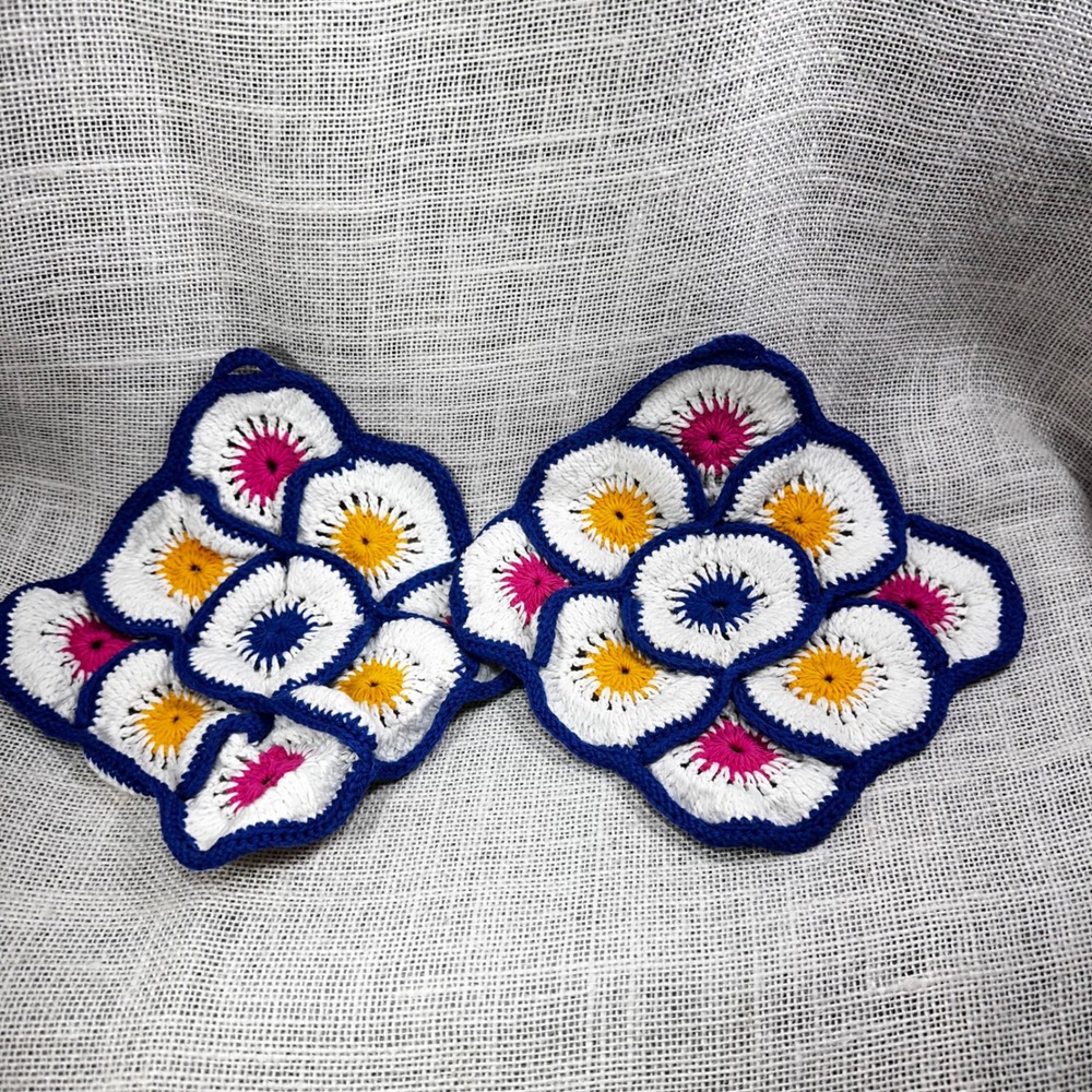 Vintage Handmade Crochet Potholders Set of 2 Floral Medallion Blue Pink White